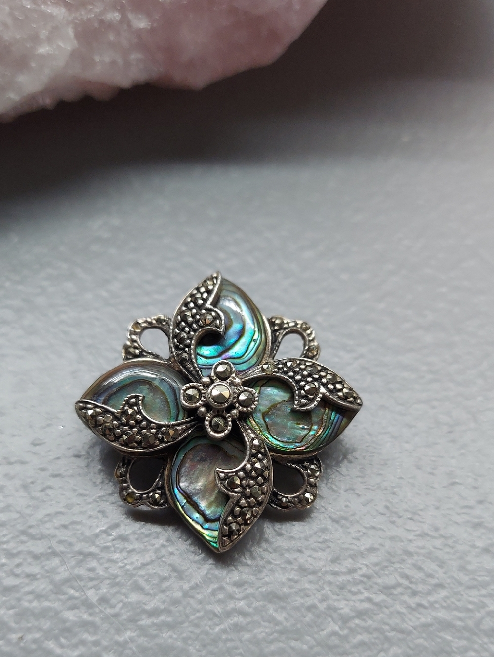Abalone Shell Floral Silver Brooch - Iridescent Green Blue